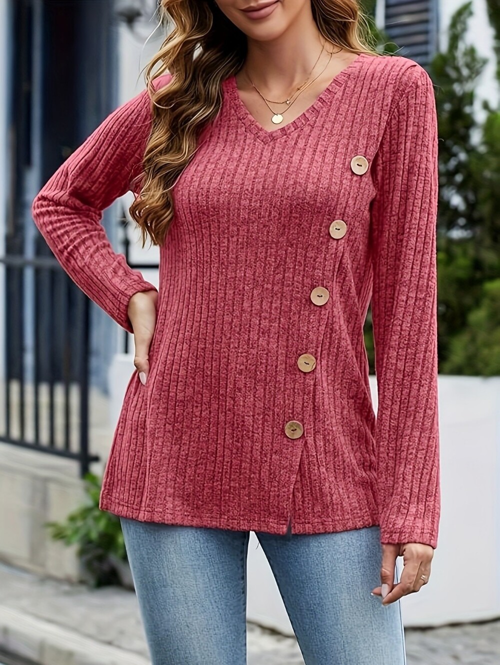 NWOT Asymmetrical Button Ribbed Knit V-Neck Tunic Sweater Rust Orange Large